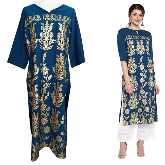 Janasya NWT Indian Turquoise Blue Gold Floral Poly Crepe Kurta Tunic Boho Exotic - Picture 1 of 10